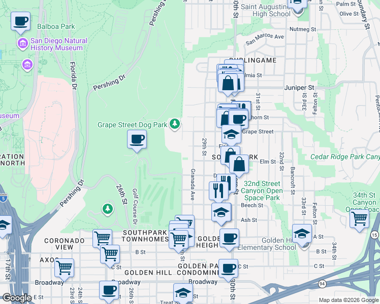 map of restaurants, bars, coffee shops, grocery stores, and more near 1846 Granada Avenue in San Diego