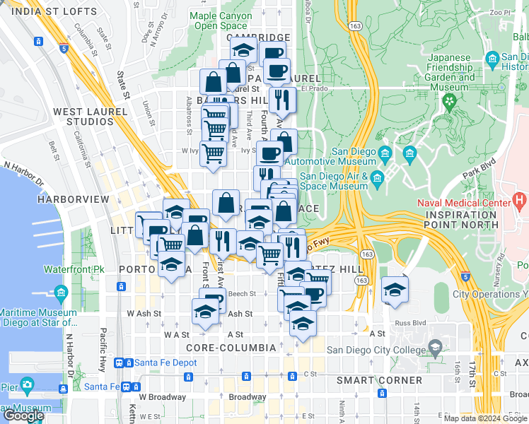 map of restaurants, bars, coffee shops, grocery stores, and more near in San Diego