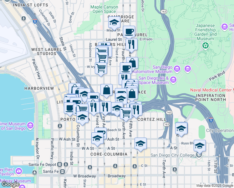 map of restaurants, bars, coffee shops, grocery stores, and more near 1922-1934 Third Avenue in San Diego