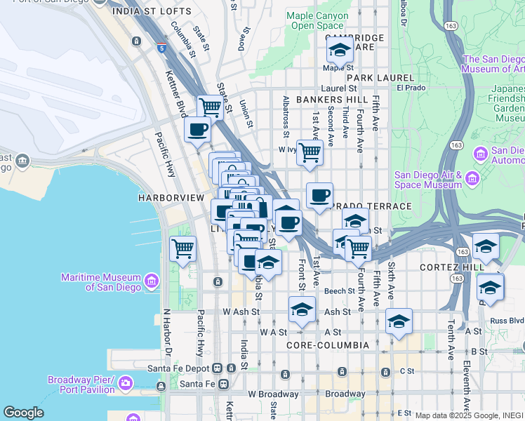 map of restaurants, bars, coffee shops, grocery stores, and more near 1909 State Street in San Diego