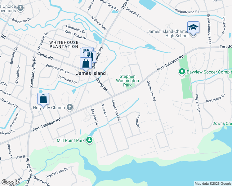 map of restaurants, bars, coffee shops, grocery stores, and more near 1138 Camp Road in Charleston