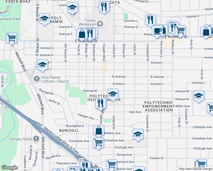 map of restaurants, bars, coffee shops, grocery stores, and more near 3201 Avenue L in Fort Worth