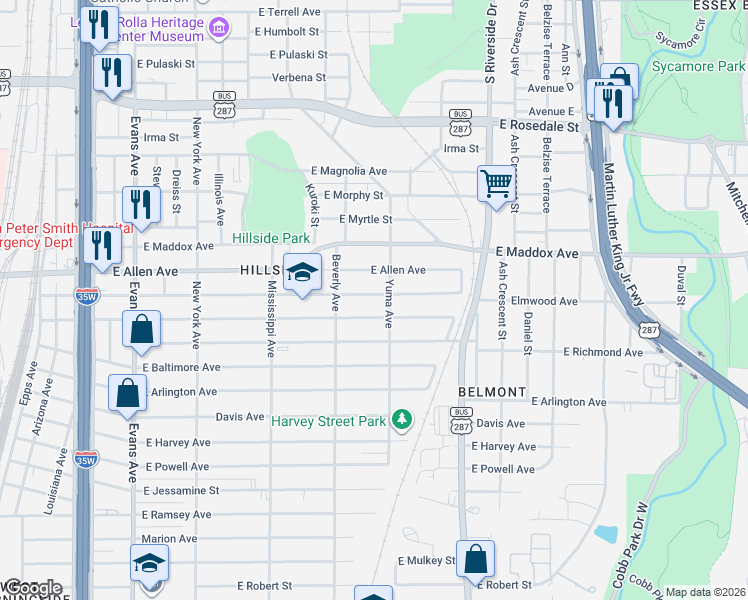 map of restaurants, bars, coffee shops, grocery stores, and more near 1337 Elmwood Avenue in Fort Worth