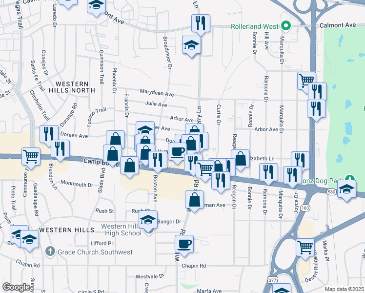 map of restaurants, bars, coffee shops, grocery stores, and more near 8000 Doreen Avenue in Fort Worth