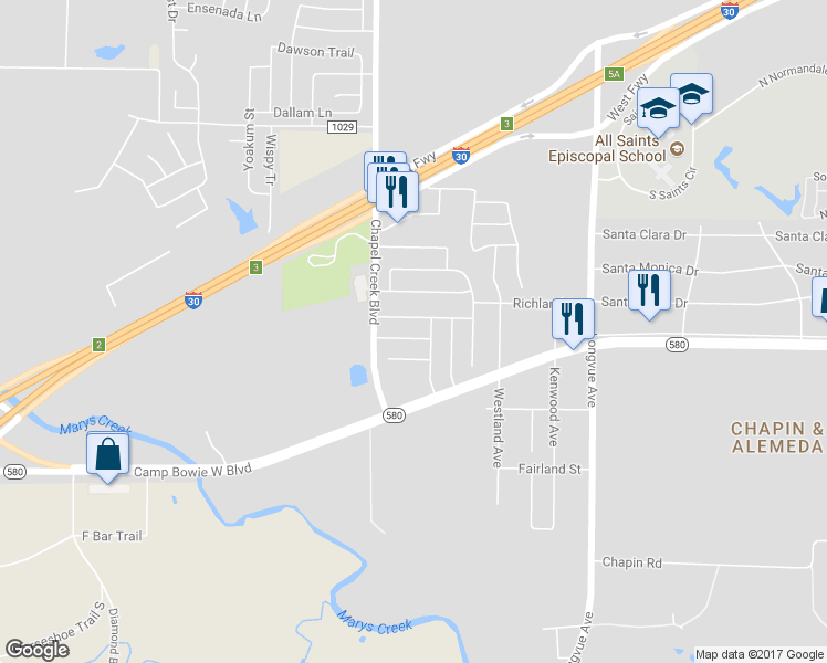 map of restaurants, bars, coffee shops, grocery stores, and more near 10129 Chapel Ridge Drive in Fort Worth
