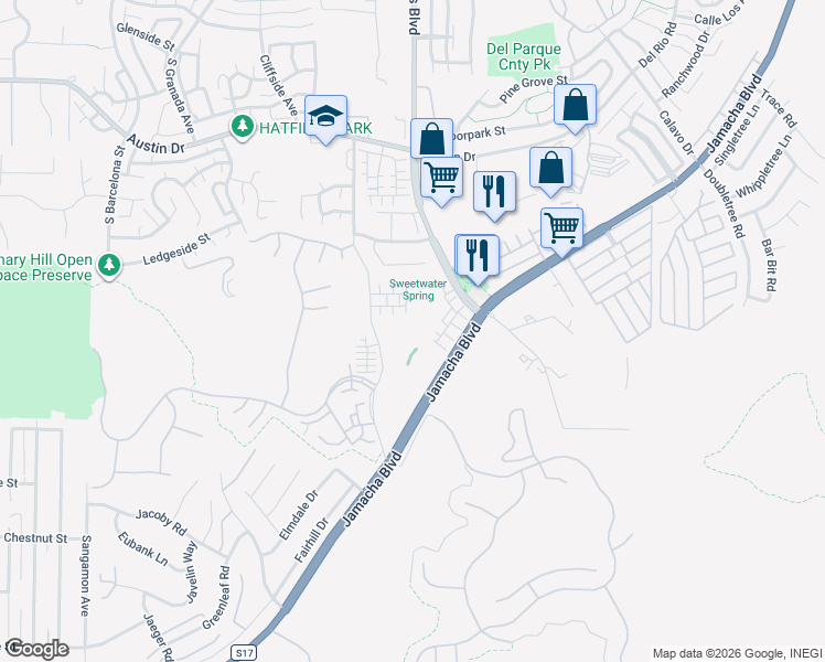 map of restaurants, bars, coffee shops, grocery stores, and more near 2648 Sweetwater Springs Boulevard in Spring Valley