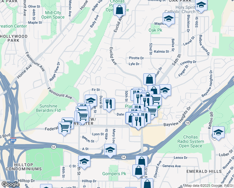 map of restaurants, bars, coffee shops, grocery stores, and more near 1819 Oakshire Court in San Diego