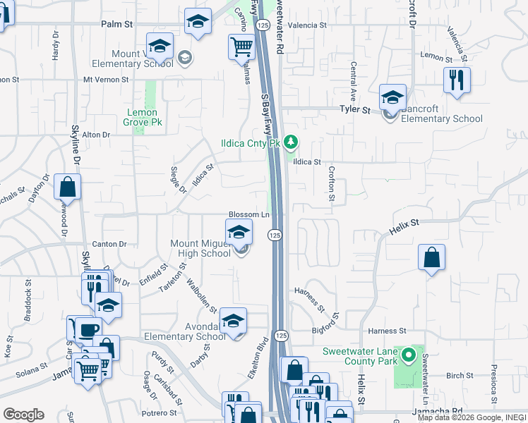 map of restaurants, bars, coffee shops, grocery stores, and more near 8576 Blossom Lane in Lemon Grove