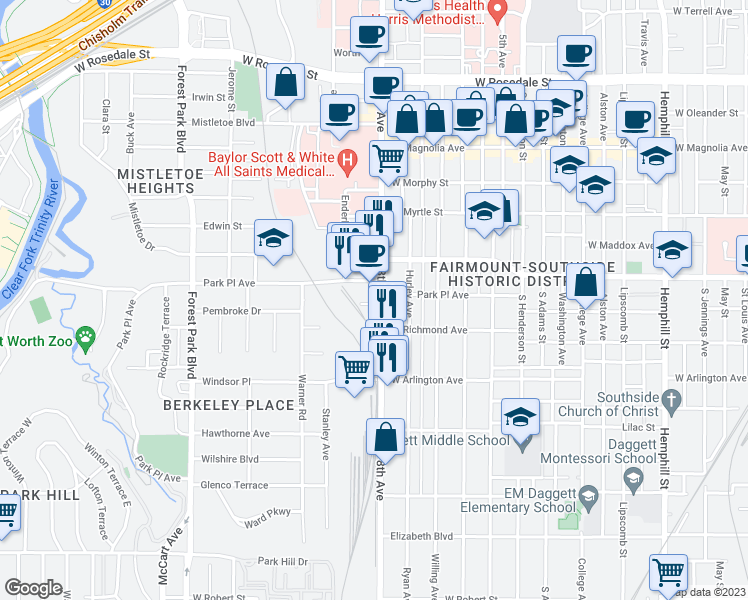 map of restaurants, bars, coffee shops, grocery stores, and more near 1814 8th Avenue in Fort Worth