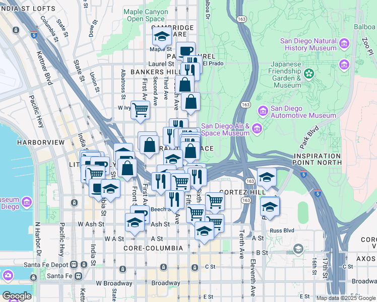 map of restaurants, bars, coffee shops, grocery stores, and more near 5th Avenue & Fir Street in San Diego