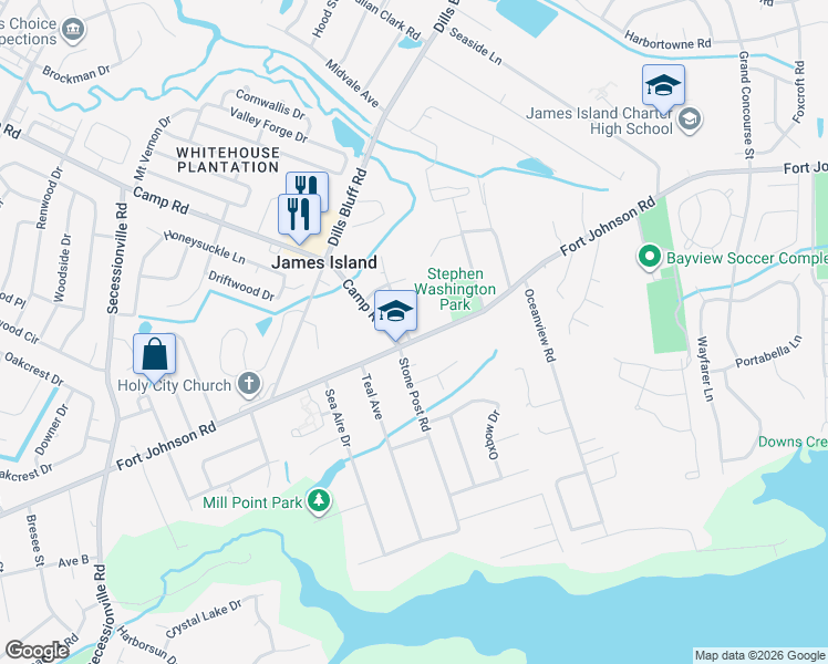 map of restaurants, bars, coffee shops, grocery stores, and more near 1138 Camp Road in Charleston