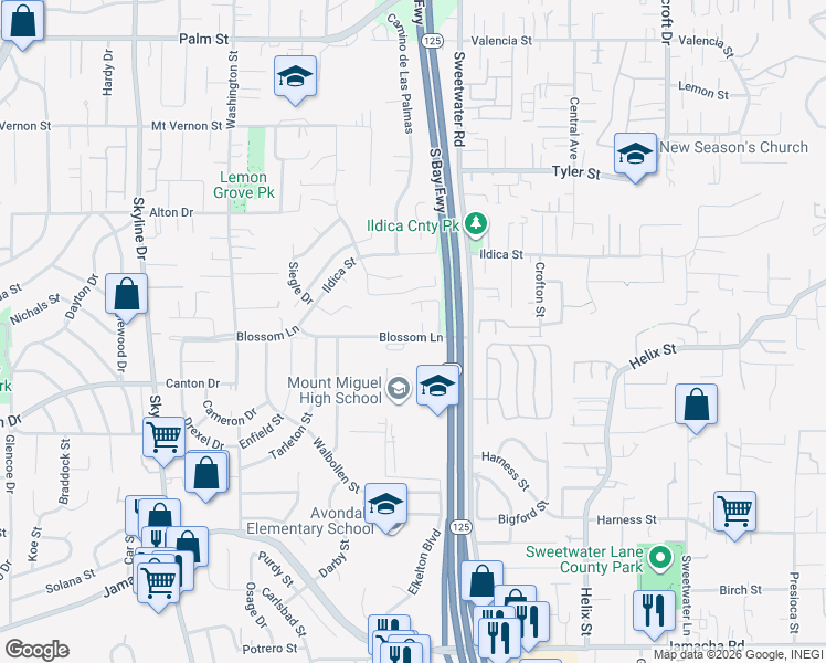 map of restaurants, bars, coffee shops, grocery stores, and more near 8522 Blossom Lane in Lemon Grove
