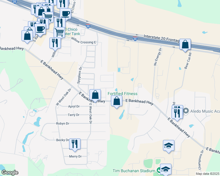 map of restaurants, bars, coffee shops, grocery stores, and more near 108 Whitetail Drive in Willow Park