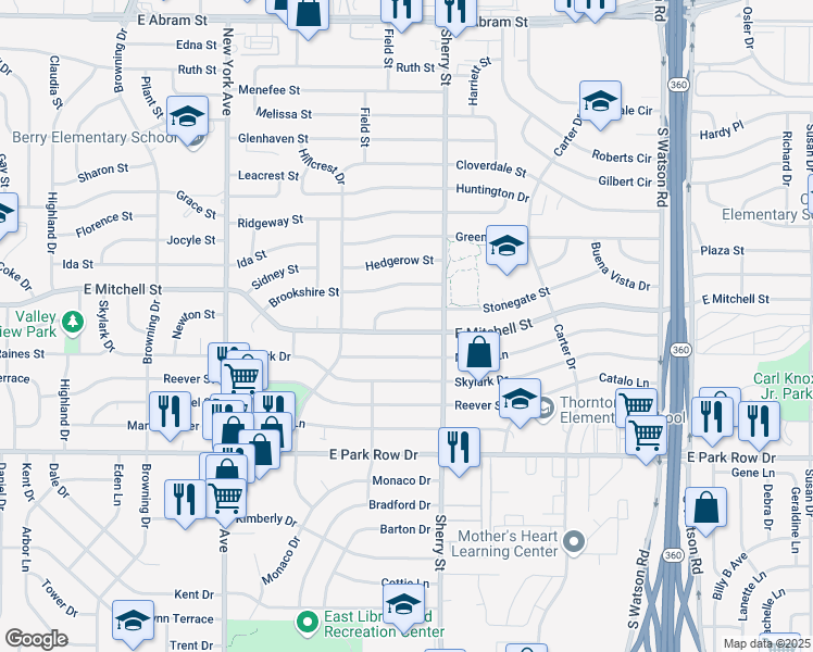 map of restaurants, bars, coffee shops, grocery stores, and more near 2122 Stonegate Street in Arlington