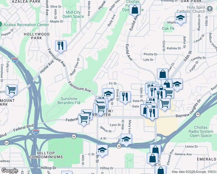 map of restaurants, bars, coffee shops, grocery stores, and more near 1837 48th Street in San Diego