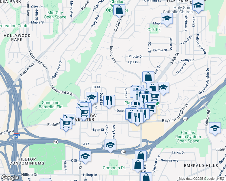 map of restaurants, bars, coffee shops, grocery stores, and more near 1828 Oakshire Court in San Diego