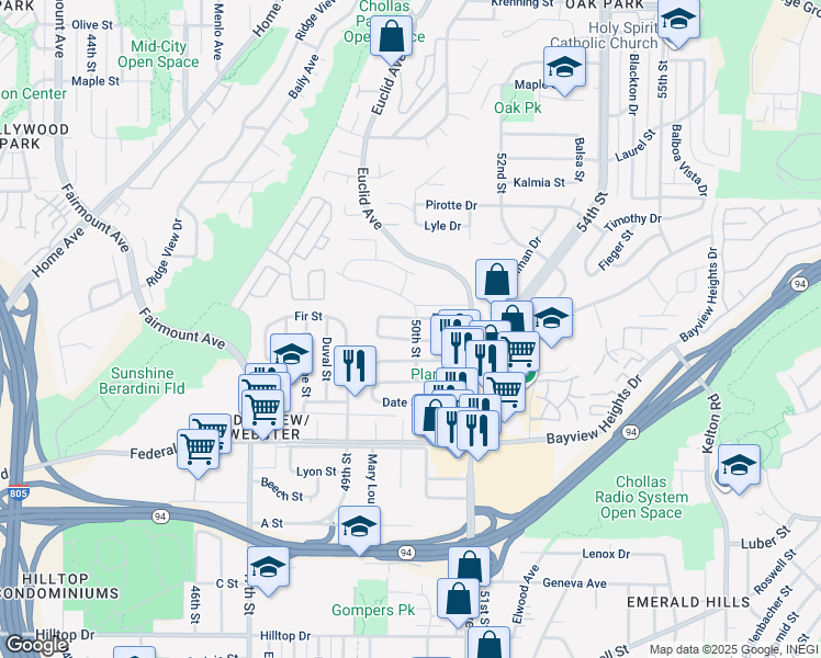 map of restaurants, bars, coffee shops, grocery stores, and more near 1862 50th Street in San Diego