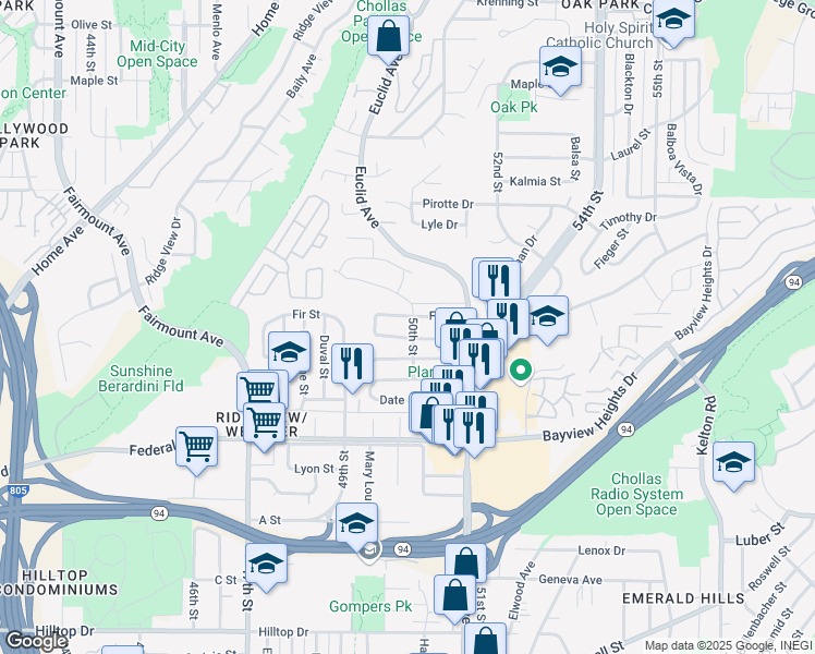 map of restaurants, bars, coffee shops, grocery stores, and more near 1862 50th Street in San Diego