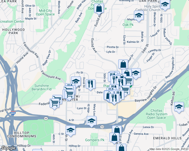 map of restaurants, bars, coffee shops, grocery stores, and more near 1828 Oakshire Court in San Diego