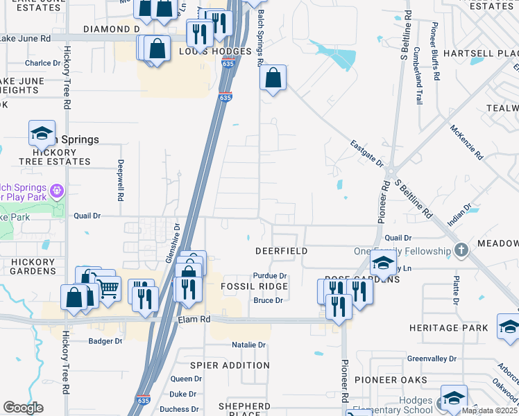 map of restaurants, bars, coffee shops, grocery stores, and more near 3216 Balch Springs Road in Balch Springs