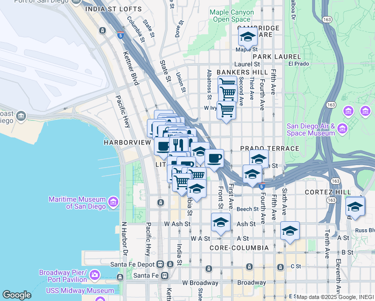 map of restaurants, bars, coffee shops, grocery stores, and more near 1959 Columbia Street in San Diego
