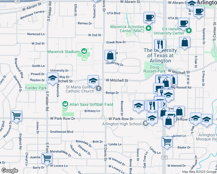 map of restaurants, bars, coffee shops, grocery stores, and more near 1111 South Davis Drive in Arlington