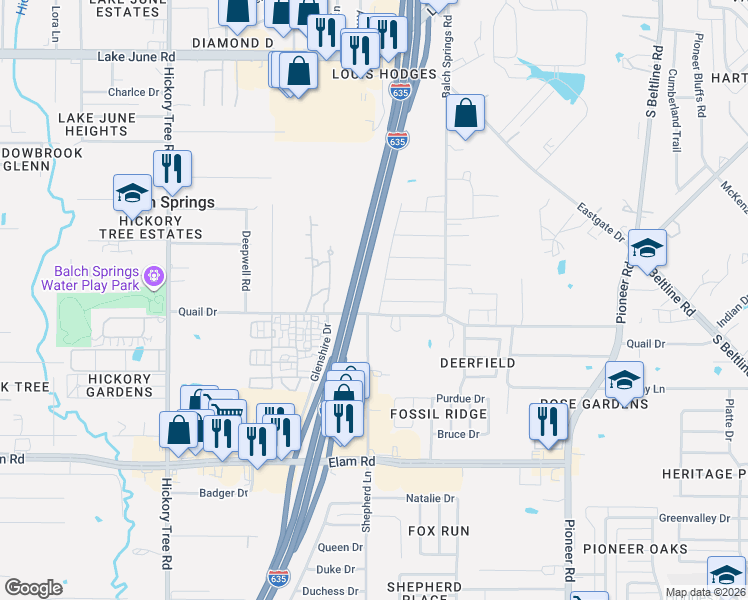 map of restaurants, bars, coffee shops, grocery stores, and more near 3213 Forestdale Lane in Balch Springs