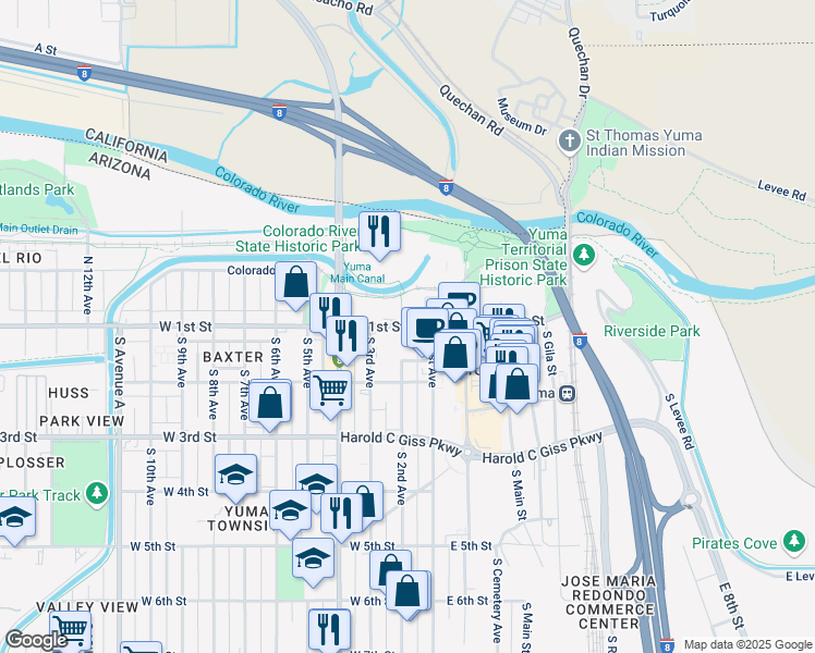 map of restaurants, bars, coffee shops, grocery stores, and more near 181 West 1st Street in Yuma