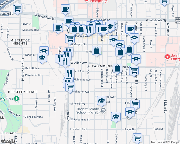map of restaurants, bars, coffee shops, grocery stores, and more near 1801 6th Avenue in Fort Worth