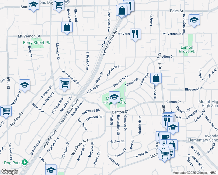 map of restaurants, bars, coffee shops, grocery stores, and more near 1902 Ensenada Street in Lemon Grove