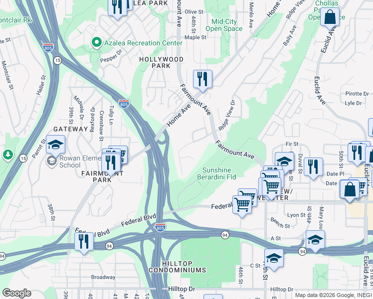 map of restaurants, bars, coffee shops, grocery stores, and more near 1866 Bridgeview Drive in San Diego