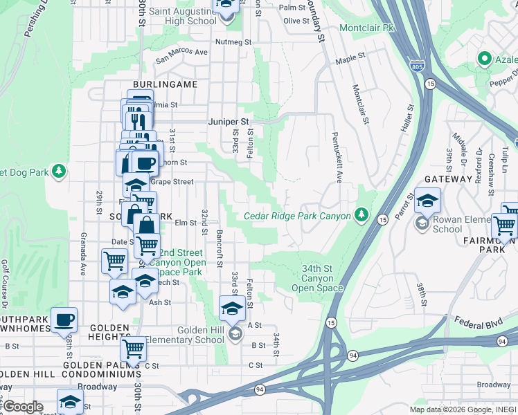 map of restaurants, bars, coffee shops, grocery stores, and more near 1843 Gregory Street in San Diego
