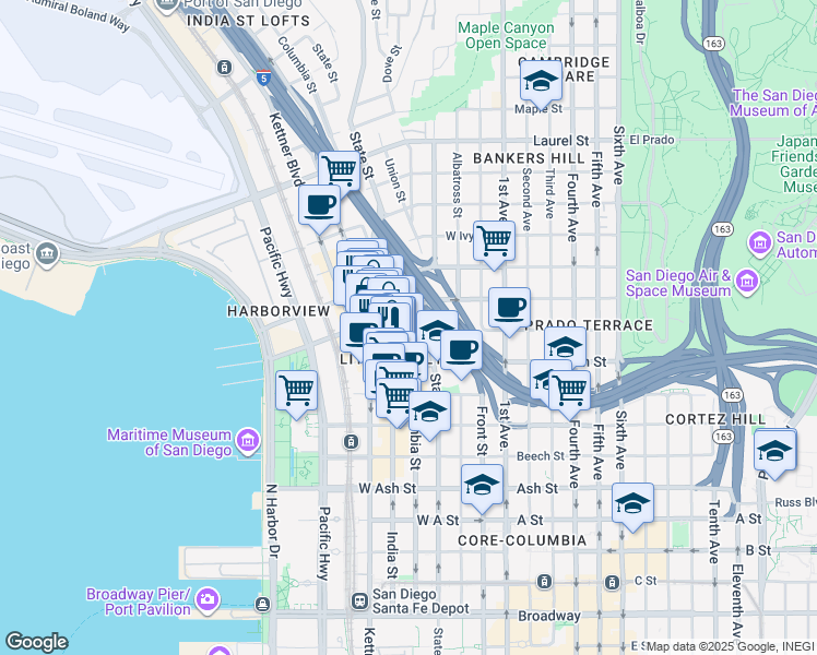 map of restaurants, bars, coffee shops, grocery stores, and more near 1959 Columbia Street in San Diego