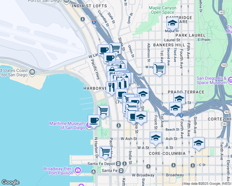 map of restaurants, bars, coffee shops, grocery stores, and more near 949 West Hawthorn Street in San Diego