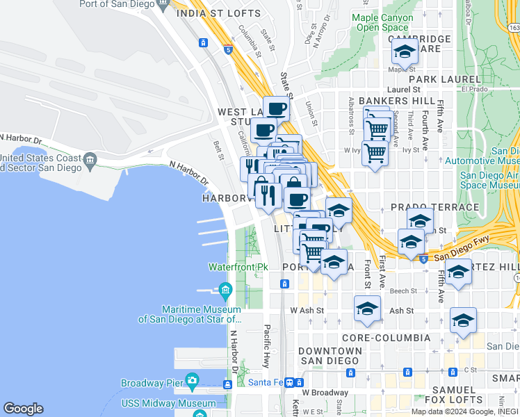 map of restaurants, bars, coffee shops, grocery stores, and more near 949 West Hawthorn Street in San Diego