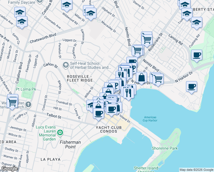 map of restaurants, bars, coffee shops, grocery stores, and more near 3130 Emerson Street in San Diego