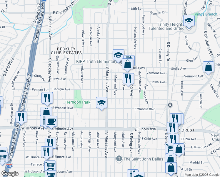 map of restaurants, bars, coffee shops, grocery stores, and more near 1825 South Marsalis Avenue in Dallas