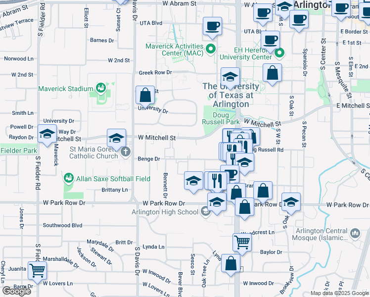 map of restaurants, bars, coffee shops, grocery stores, and more near 900 West Mitchell Street in Arlington
