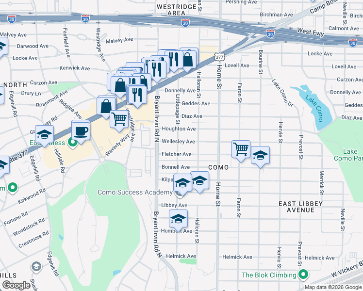 map of restaurants, bars, coffee shops, grocery stores, and more near 5837 Wellesley Avenue in Fort Worth