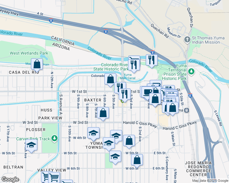 map of restaurants, bars, coffee shops, grocery stores, and more near 490 West 1st Street in Yuma