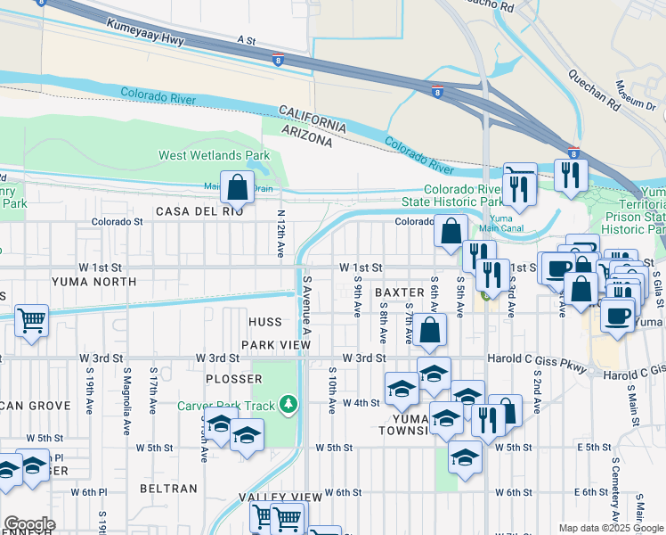 map of restaurants, bars, coffee shops, grocery stores, and more near 998 West 1st Street in Yuma