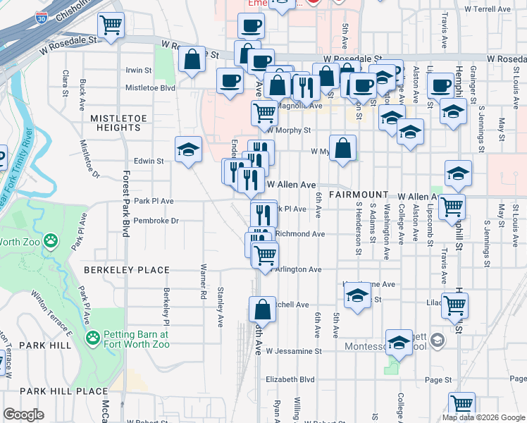 map of restaurants, bars, coffee shops, grocery stores, and more near 1801 8th Avenue in Fort Worth