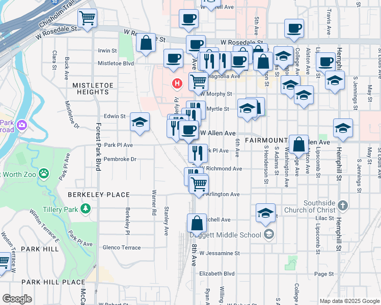 map of restaurants, bars, coffee shops, grocery stores, and more near 1601 Park Place Avenue in Fort Worth