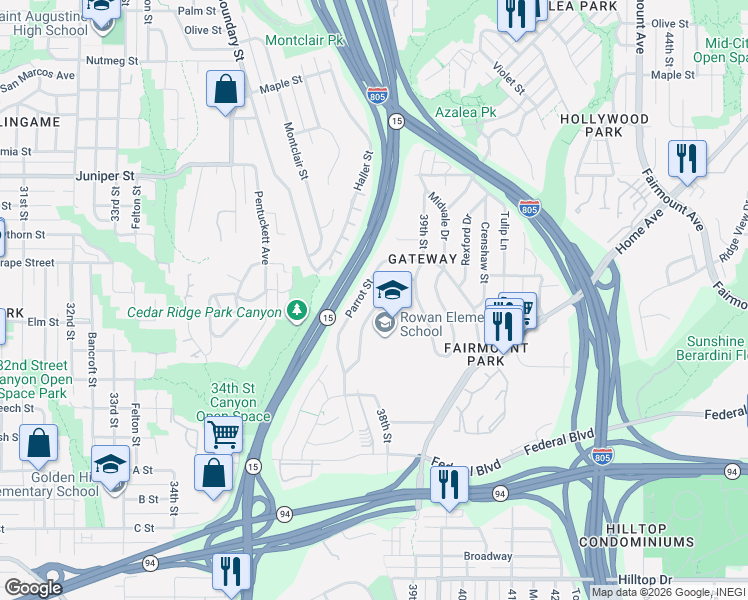 map of restaurants, bars, coffee shops, grocery stores, and more near 1919 Parrot Street in San Diego