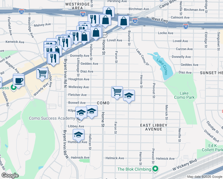 map of restaurants, bars, coffee shops, grocery stores, and more near 5617 Wellesley Avenue in Fort Worth