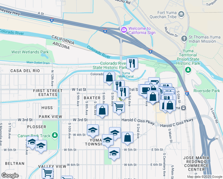 map of restaurants, bars, coffee shops, grocery stores, and more near 490 West 1st Street in Yuma