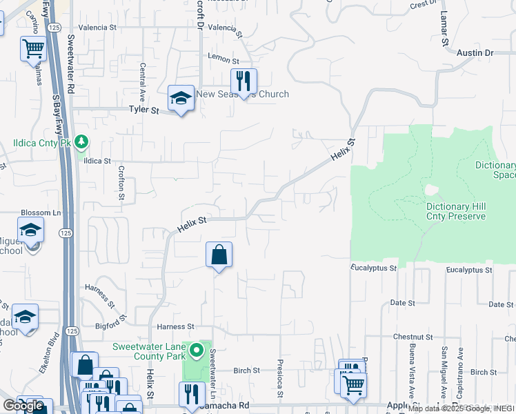map of restaurants, bars, coffee shops, grocery stores, and more near 2215 Helix Street in Spring Valley