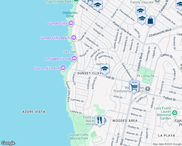 map of restaurants, bars, coffee shops, grocery stores, and more near 1001 Cornish Drive in San Diego