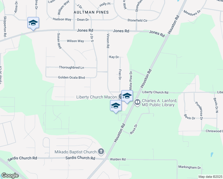 map of restaurants, bars, coffee shops, grocery stores, and more near 3489 Liberty Church Road in Macon