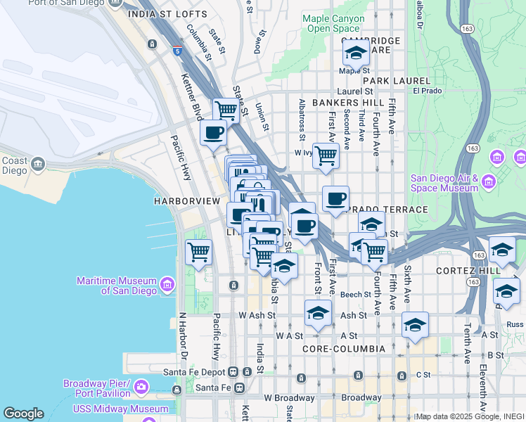 map of restaurants, bars, coffee shops, grocery stores, and more near 1959 Columbia Street in San Diego